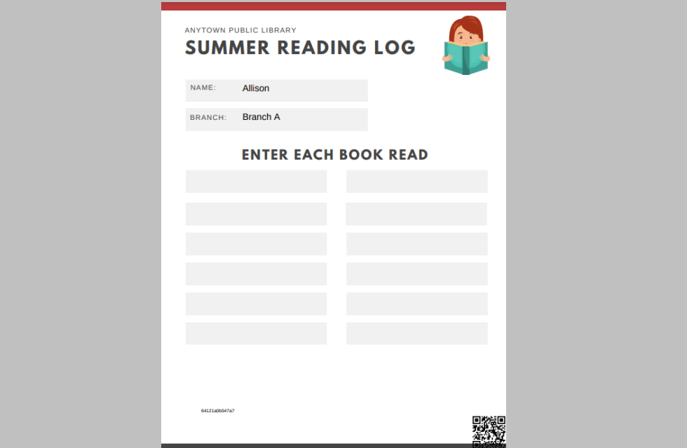 Screenshot of a summer reading log with the name Allison and ten empty spots for book titles