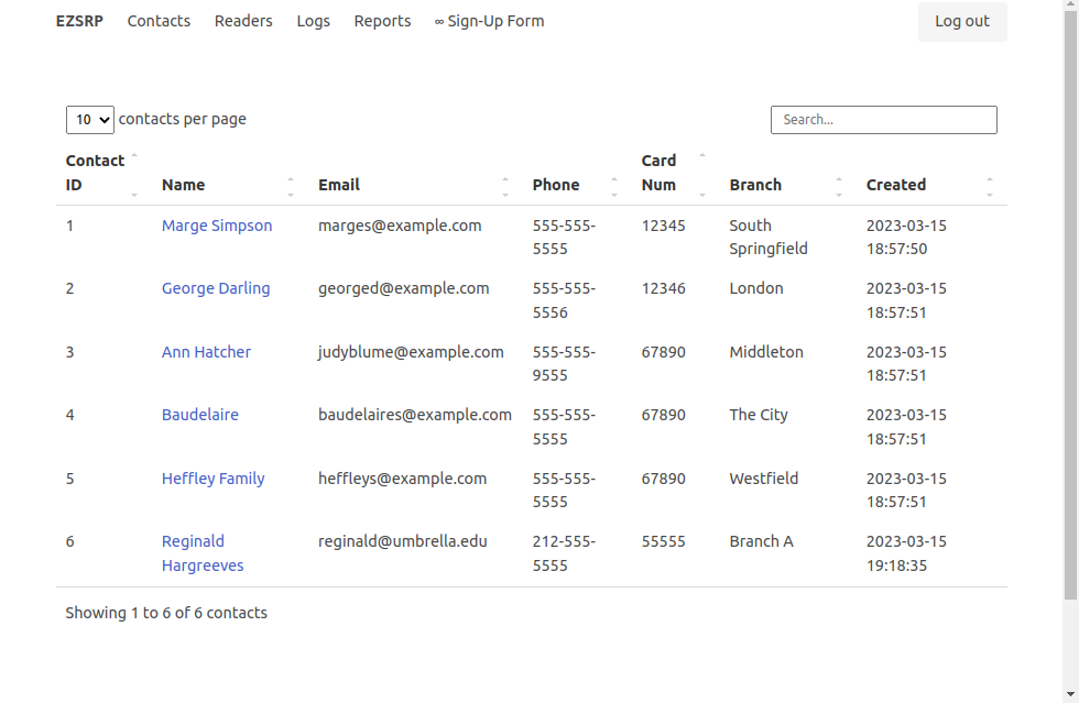 Screenshot of the Contact Listing data table