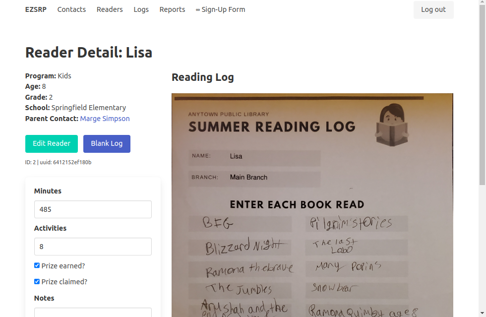 Screenshot of a Reader Detail page featuring reader signup info and a scanned image of the reader's log
